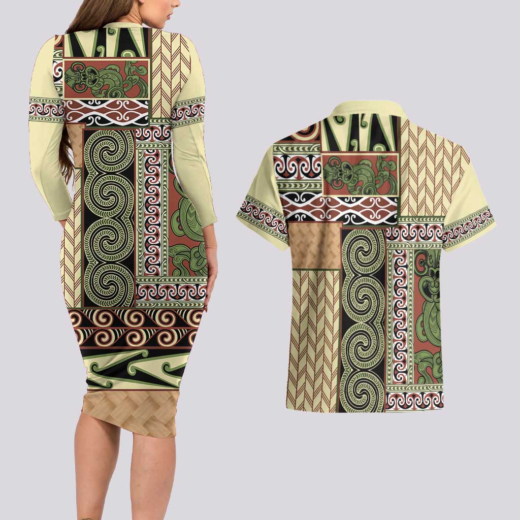 Beige Aotearoa Kowhaiwhai Pattern Couples Matching Long Sleeve Bodycon Dress and Hawaiian Shirt NZ Maori Quilt Style LT14 - Polynesian Pride