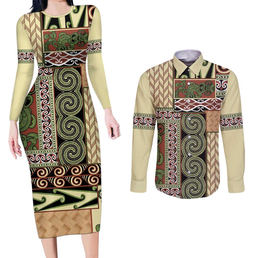 Beige Aotearoa Kowhaiwhai Pattern Couples Matching Long Sleeve Bodycon Dress and Long Sleeve Button Shirt NZ Maori Quilt Style LT14 Beige - Polynesian Pride