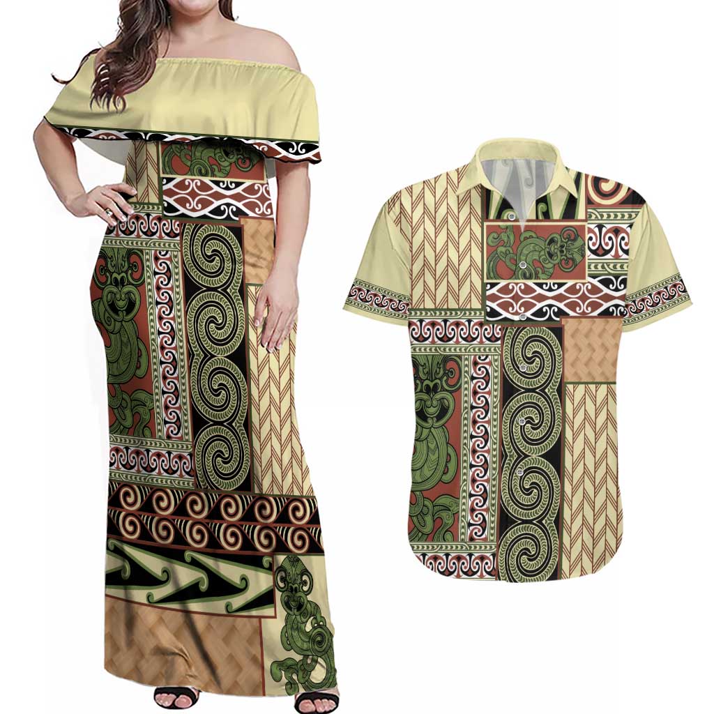 Beige Aotearoa Kowhaiwhai Pattern Couples Matching Off Shoulder Maxi Dress and Hawaiian Shirt NZ Maori Quilt Style LT14 Beige - Polynesian Pride