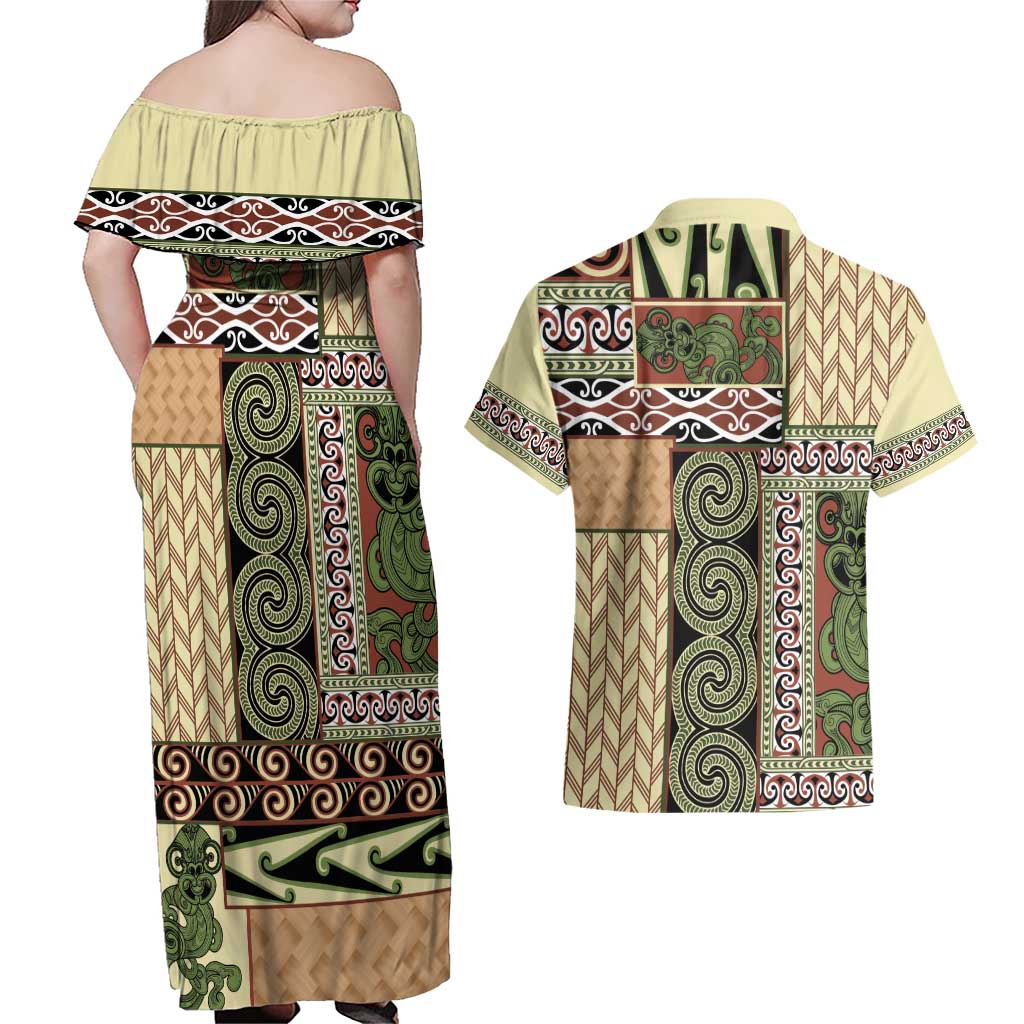 Beige Aotearoa Kowhaiwhai Pattern Couples Matching Off Shoulder Maxi Dress and Hawaiian Shirt NZ Maori Quilt Style LT14 - Polynesian Pride