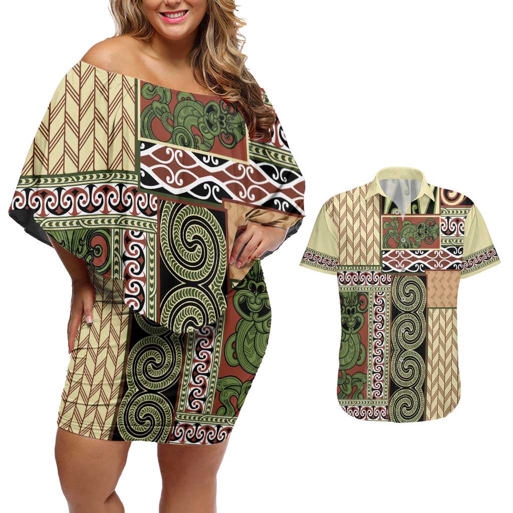 Beige Aotearoa Kowhaiwhai Pattern Couples Matching Off Shoulder Short Dress and Hawaiian Shirt NZ Maori Quilt Style LT14 Beige - Polynesian Pride