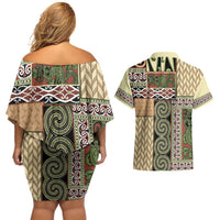 Beige Aotearoa Kowhaiwhai Pattern Couples Matching Off Shoulder Short Dress and Hawaiian Shirt NZ Maori Quilt Style LT14 - Polynesian Pride