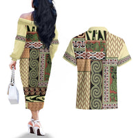 Beige Aotearoa Kowhaiwhai Pattern Couples Matching Off The Shoulder Long Sleeve Dress and Hawaiian Shirt NZ Maori Quilt Style LT14 - Polynesian Pride