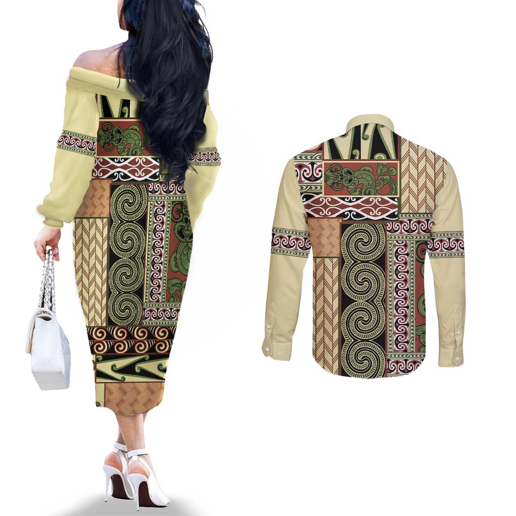 Beige Aotearoa Kowhaiwhai Pattern Couples Matching Off The Shoulder Long Sleeve Dress and Long Sleeve Button Shirt NZ Maori Quilt Style LT14 - Polynesian Pride