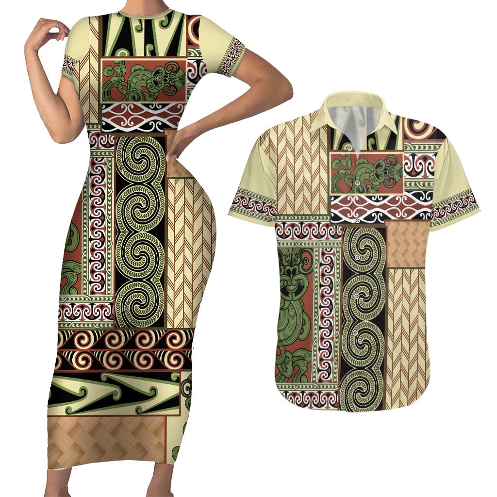 Beige Aotearoa Kowhaiwhai Pattern Couples Matching Short Sleeve Bodycon Dress and Hawaiian Shirt NZ Maori Quilt Style LT14 Beige - Polynesian Pride