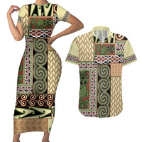 Beige Aotearoa Kowhaiwhai Pattern Couples Matching Short Sleeve Bodycon Dress and Hawaiian Shirt NZ Maori Quilt Style LT14 Beige - Polynesian Pride