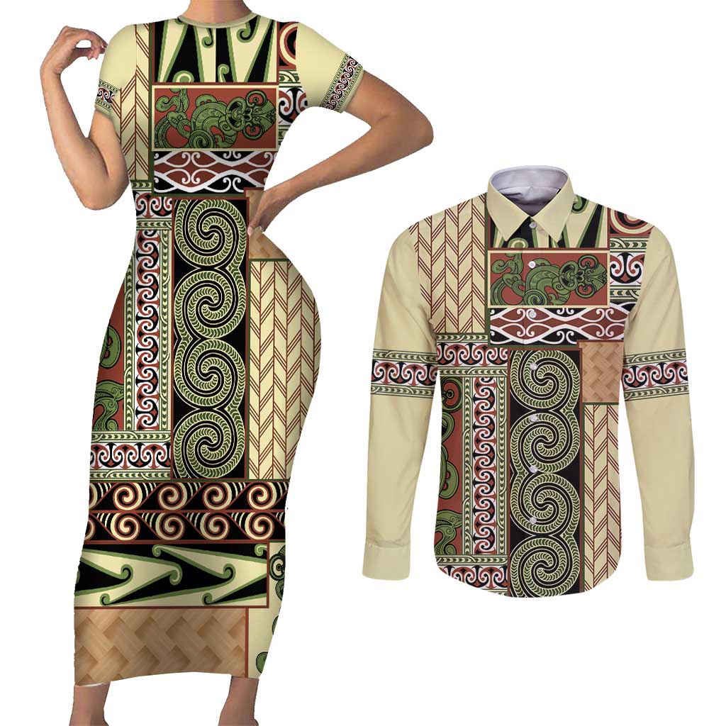Beige Aotearoa Kowhaiwhai Pattern Couples Matching Short Sleeve Bodycon Dress and Long Sleeve Button Shirt NZ Maori Quilt Style LT14 Beige - Polynesian Pride