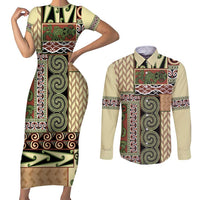 Beige Aotearoa Kowhaiwhai Pattern Couples Matching Short Sleeve Bodycon Dress and Long Sleeve Button Shirt NZ Maori Quilt Style LT14 Beige - Polynesian Pride
