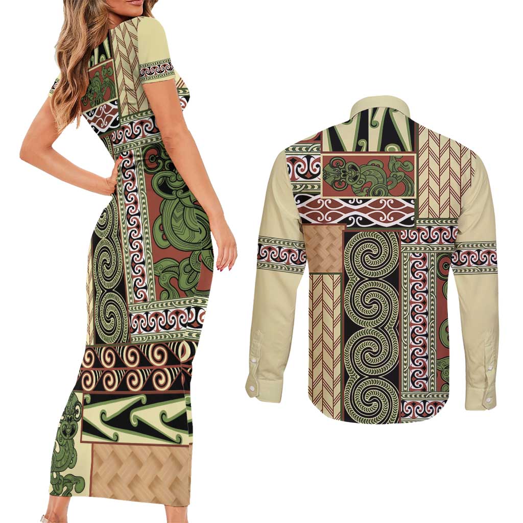 Beige Aotearoa Kowhaiwhai Pattern Couples Matching Short Sleeve Bodycon Dress and Long Sleeve Button Shirt NZ Maori Quilt Style LT14 - Polynesian Pride