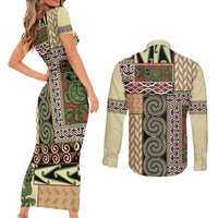 Beige Aotearoa Kowhaiwhai Pattern Couples Matching Short Sleeve Bodycon Dress and Long Sleeve Button Shirt NZ Maori Quilt Style LT14 - Polynesian Pride