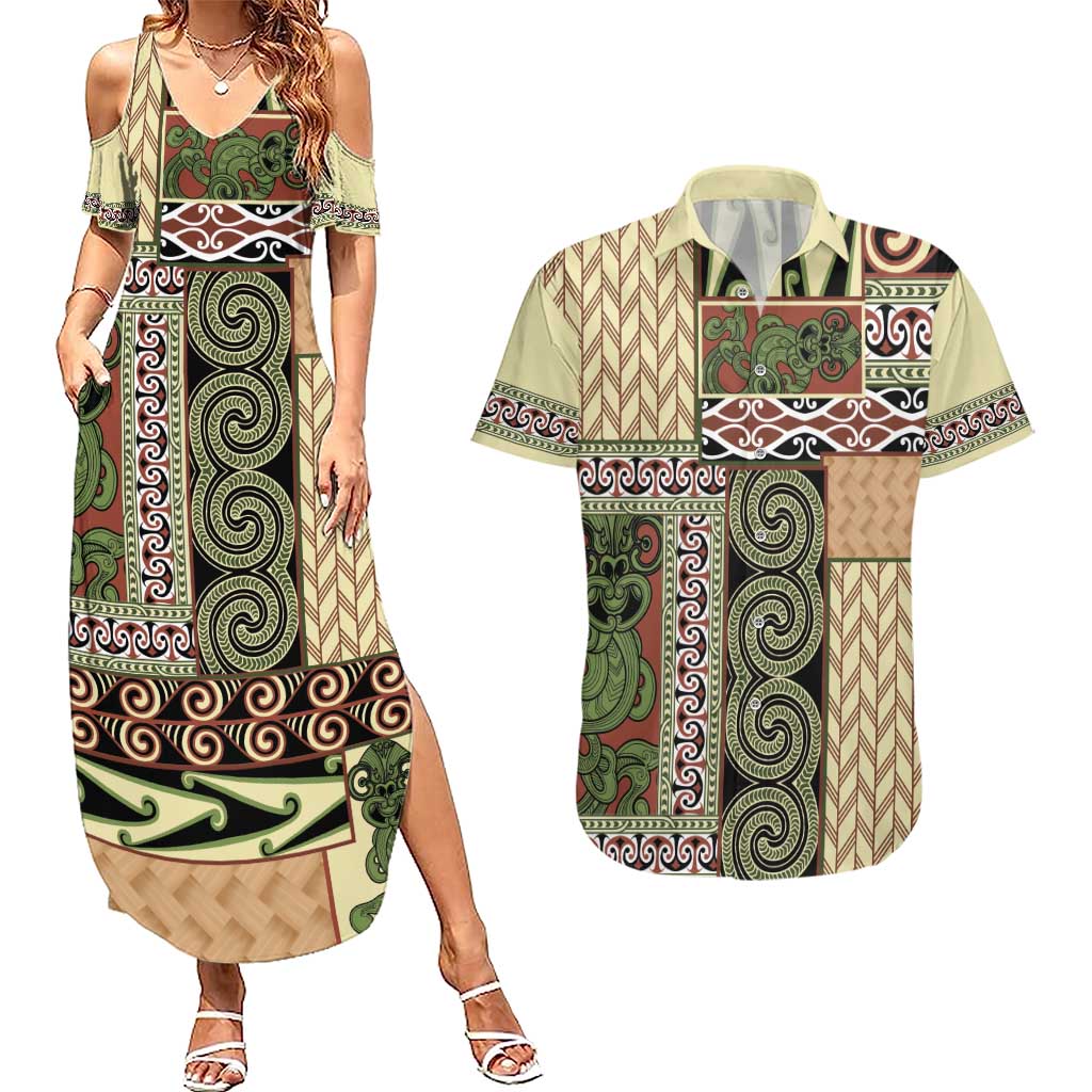 Beige Aotearoa Kowhaiwhai Pattern Couples Matching Summer Maxi Dress and Hawaiian Shirt NZ Maori Quilt Style LT14 Beige - Polynesian Pride
