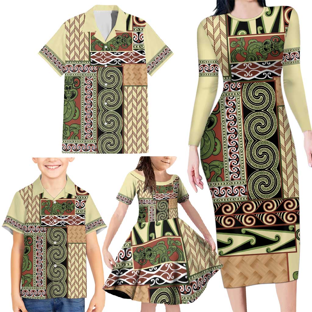 Beige Aotearoa Kowhaiwhai Pattern Family Matching Long Sleeve Bodycon Dress and Hawaiian Shirt NZ Maori Quilt Style LT14 - Polynesian Pride