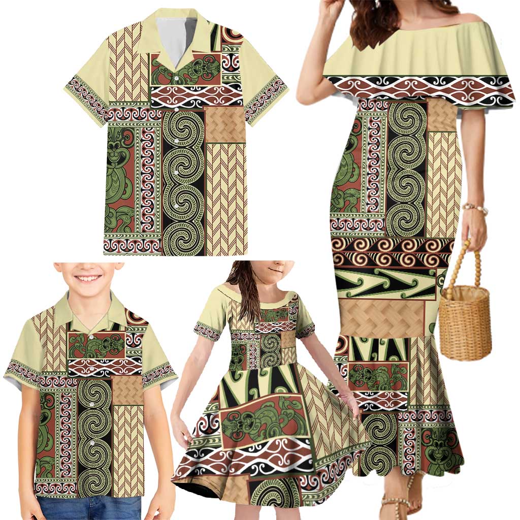 Beige Aotearoa Kowhaiwhai Pattern Family Matching Mermaid Dress and Hawaiian Shirt NZ Maori Quilt Style LT14 - Polynesian Pride