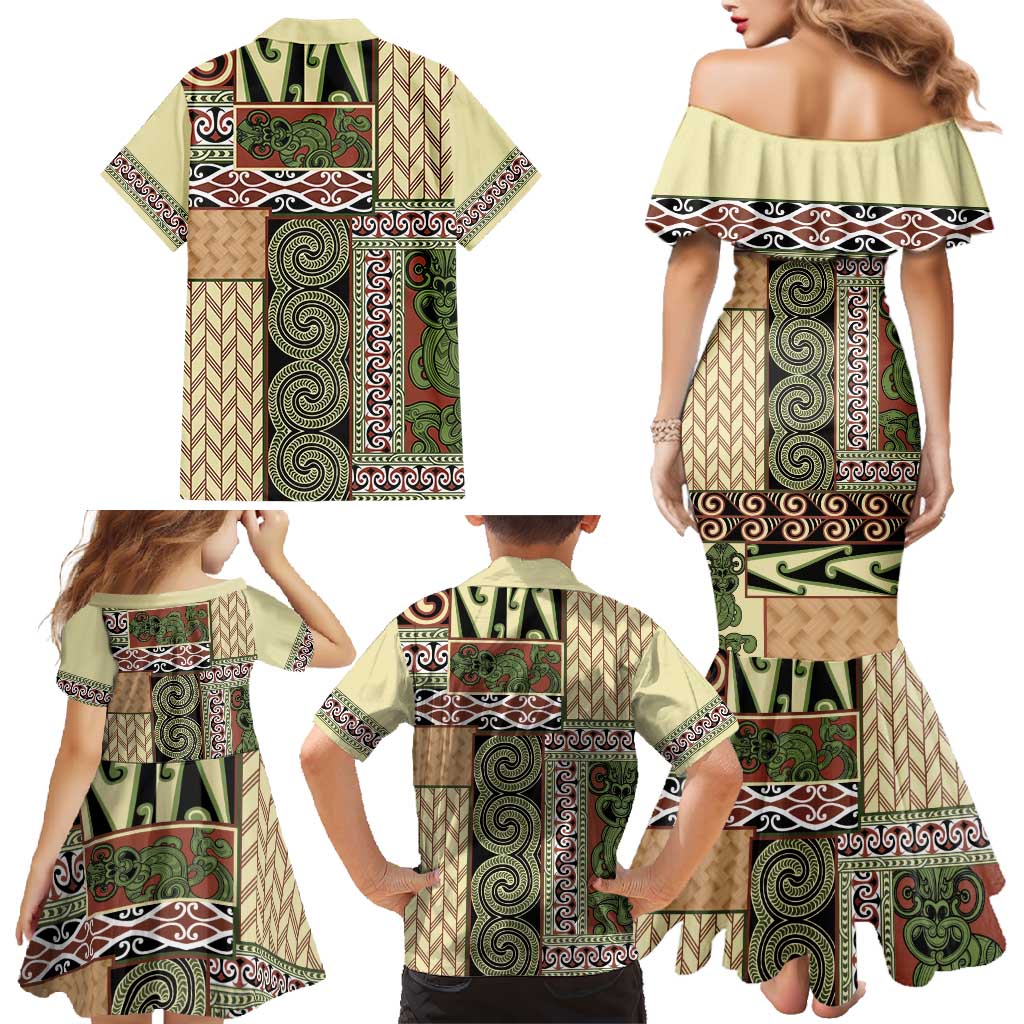 Beige Aotearoa Kowhaiwhai Pattern Family Matching Mermaid Dress and Hawaiian Shirt NZ Maori Quilt Style LT14 - Polynesian Pride