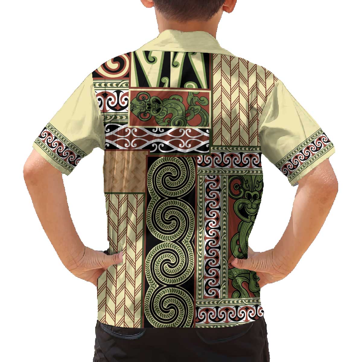 Beige Aotearoa Kowhaiwhai Pattern Family Matching Off The Shoulder Long Sleeve Dress and Hawaiian Shirt NZ Maori Quilt Style LT14 - Polynesian Pride