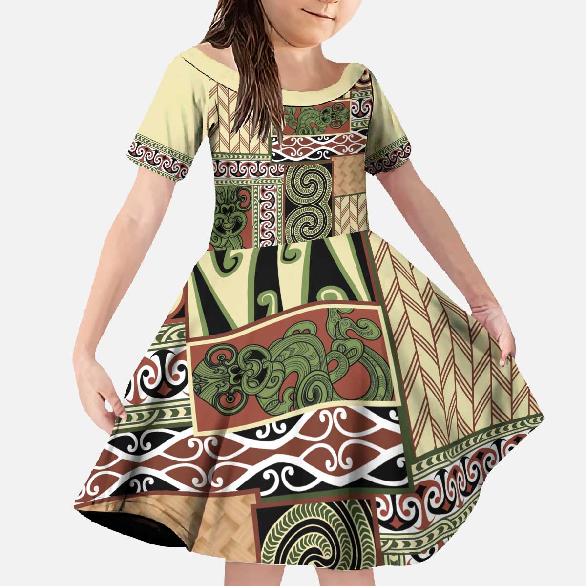 Beige Aotearoa Kowhaiwhai Pattern Family Matching Off The Shoulder Long Sleeve Dress and Hawaiian Shirt NZ Maori Quilt Style LT14 Daughter's Dress Beige - Polynesian Pride