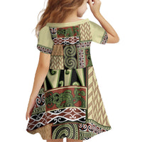 Beige Aotearoa Kowhaiwhai Pattern Family Matching Off The Shoulder Long Sleeve Dress and Hawaiian Shirt NZ Maori Quilt Style LT14 - Polynesian Pride