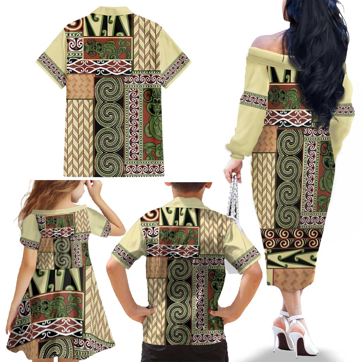 Beige Aotearoa Kowhaiwhai Pattern Family Matching Off The Shoulder Long Sleeve Dress and Hawaiian Shirt NZ Maori Quilt Style LT14 - Polynesian Pride