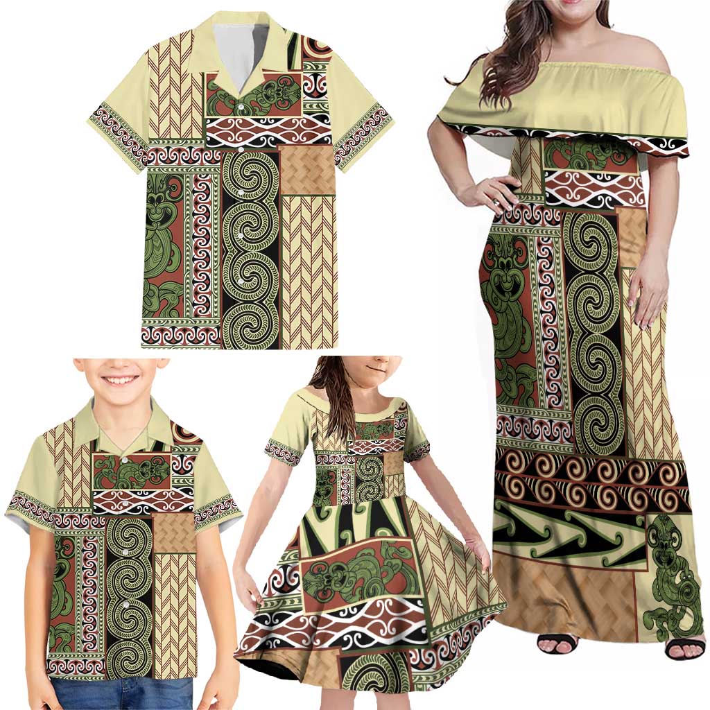 Beige Aotearoa Kowhaiwhai Pattern Family Matching Off Shoulder Maxi Dress and Hawaiian Shirt NZ Maori Quilt Style LT14 - Polynesian Pride