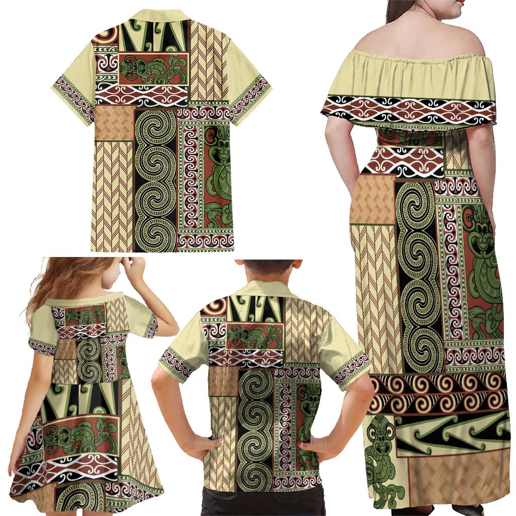 Beige Aotearoa Kowhaiwhai Pattern Family Matching Off Shoulder Maxi Dress and Hawaiian Shirt NZ Maori Quilt Style LT14 - Polynesian Pride