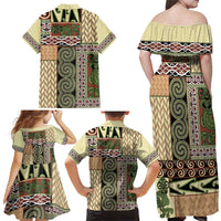 Beige Aotearoa Kowhaiwhai Pattern Family Matching Off Shoulder Maxi Dress and Hawaiian Shirt NZ Maori Quilt Style LT14 - Polynesian Pride