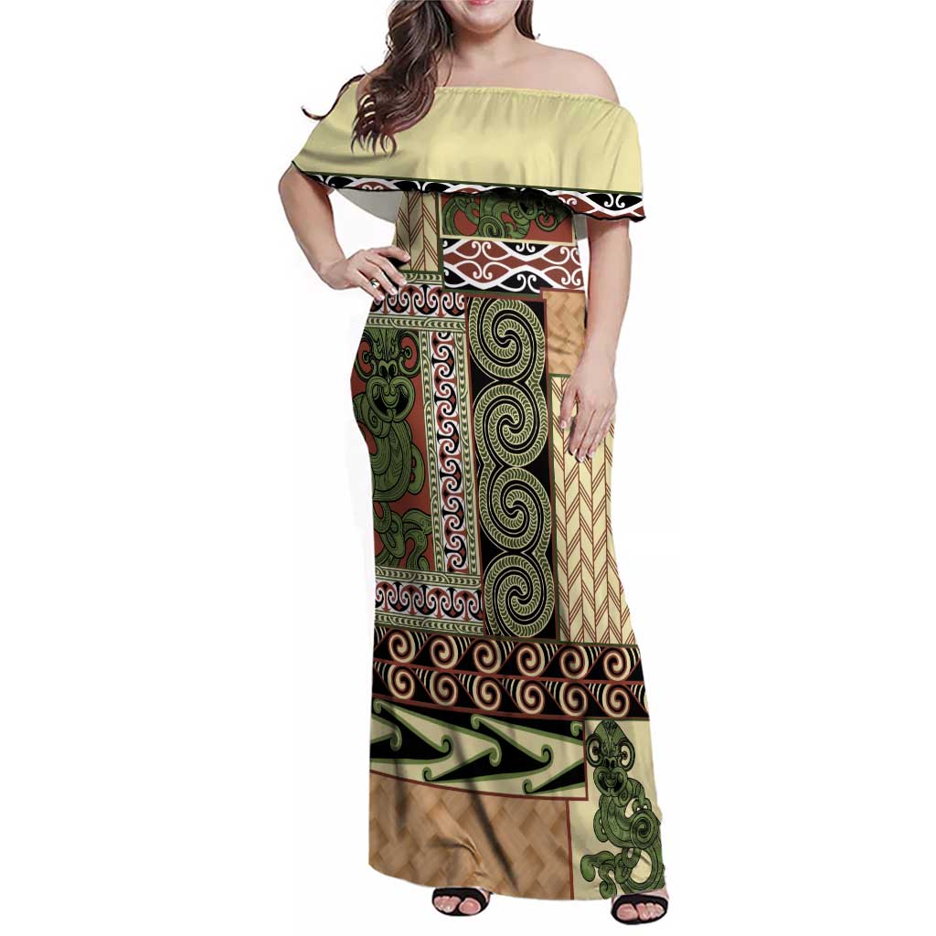Beige Aotearoa Kowhaiwhai Pattern Family Matching Off Shoulder Maxi Dress and Hawaiian Shirt NZ Maori Quilt Style LT14 Mom's Dress Beige - Polynesian Pride