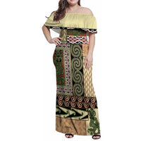 Beige Aotearoa Kowhaiwhai Pattern Family Matching Off Shoulder Maxi Dress and Hawaiian Shirt NZ Maori Quilt Style LT14 Mom's Dress Beige - Polynesian Pride