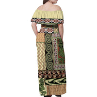 Beige Aotearoa Kowhaiwhai Pattern Family Matching Off Shoulder Maxi Dress and Hawaiian Shirt NZ Maori Quilt Style LT14 - Polynesian Pride