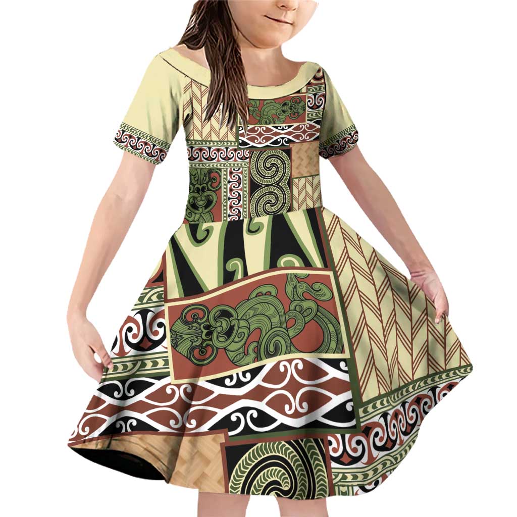 Beige Aotearoa Kowhaiwhai Pattern Family Matching Off Shoulder Short Dress and Hawaiian Shirt NZ Maori Quilt Style LT14 Daughter's Dress Beige - Polynesian Pride