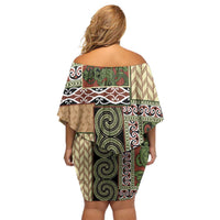 Beige Aotearoa Kowhaiwhai Pattern Family Matching Off Shoulder Short Dress and Hawaiian Shirt NZ Maori Quilt Style LT14 - Polynesian Pride