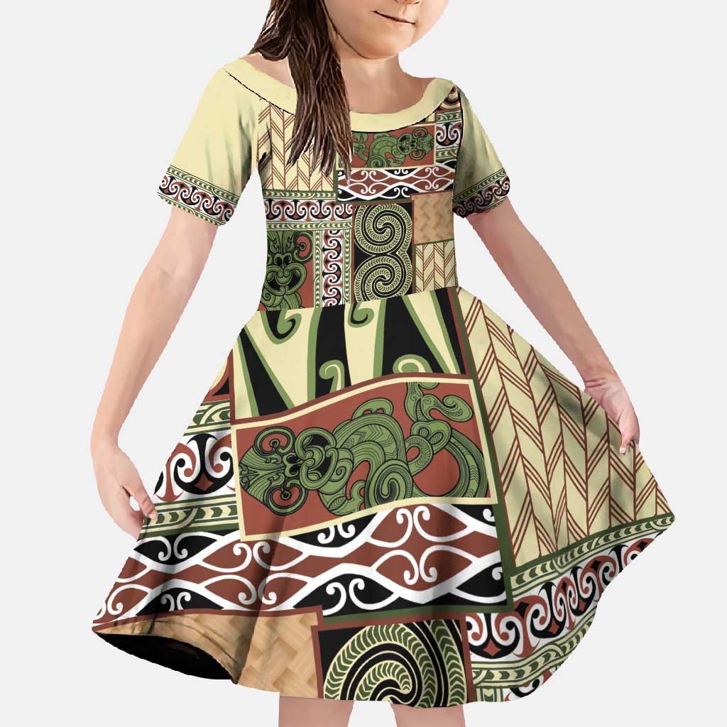 Beige Aotearoa Kowhaiwhai Pattern Family Matching Summer Maxi Dress and Hawaiian Shirt NZ Maori Quilt Style LT14 Daughter's Dress Beige - Polynesian Pride