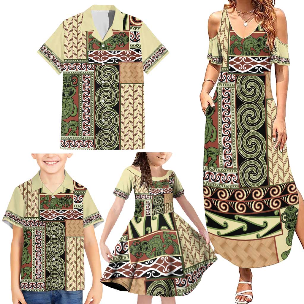 Beige Aotearoa Kowhaiwhai Pattern Family Matching Summer Maxi Dress and Hawaiian Shirt NZ Maori Quilt Style LT14 - Polynesian Pride