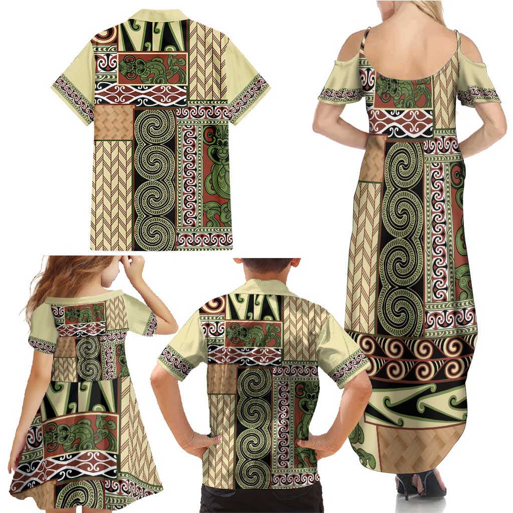 Beige Aotearoa Kowhaiwhai Pattern Family Matching Summer Maxi Dress and Hawaiian Shirt NZ Maori Quilt Style LT14 - Polynesian Pride