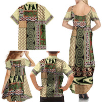 Beige Aotearoa Kowhaiwhai Pattern Family Matching Summer Maxi Dress and Hawaiian Shirt NZ Maori Quilt Style LT14 - Polynesian Pride