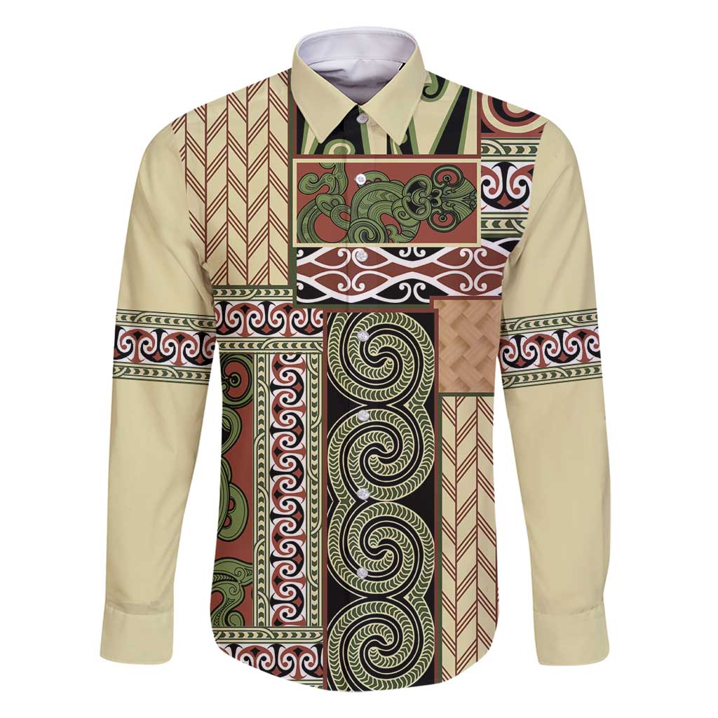 Beige Aotearoa Kowhaiwhai Pattern Family Matching Summer Maxi Dress and Hawaiian Shirt NZ Maori Quilt Style LT14 Dad's Shirt - Long Sleeve Beige - Polynesian Pride