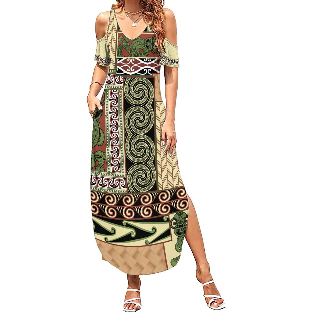 Beige Aotearoa Kowhaiwhai Pattern Family Matching Summer Maxi Dress and Hawaiian Shirt NZ Maori Quilt Style LT14 Mom's Dress Beige - Polynesian Pride