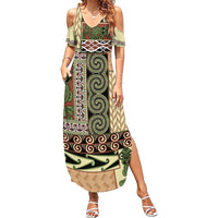 Beige Aotearoa Kowhaiwhai Pattern Family Matching Summer Maxi Dress and Hawaiian Shirt NZ Maori Quilt Style LT14 Mom's Dress Beige - Polynesian Pride
