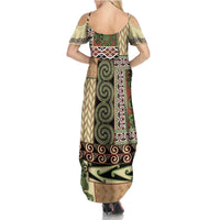 Beige Aotearoa Kowhaiwhai Pattern Family Matching Summer Maxi Dress and Hawaiian Shirt NZ Maori Quilt Style LT14 - Polynesian Pride