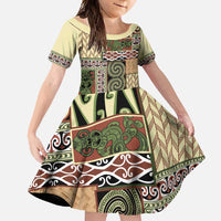 Beige Aotearoa Kowhaiwhai Pattern Family Matching Tank Maxi Dress and Hawaiian Shirt NZ Maori Quilt Style LT14 Daughter's Dress Beige - Polynesian Pride