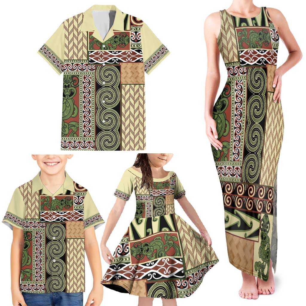Beige Aotearoa Kowhaiwhai Pattern Family Matching Tank Maxi Dress and Hawaiian Shirt NZ Maori Quilt Style LT14 - Polynesian Pride