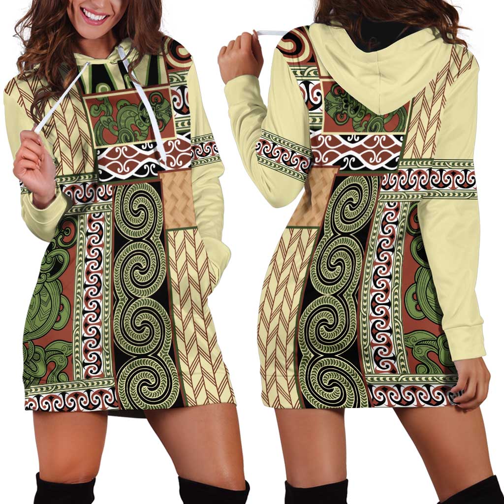 Beige Aotearoa Kowhaiwhai Pattern Hoodie Dress NZ Maori Quilt Style LT14 - Polynesian Pride
