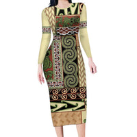 Beige Aotearoa Kowhaiwhai Pattern Long Sleeve Bodycon Dress NZ Maori Quilt Style LT14 Long Dress Beige - Polynesian Pride