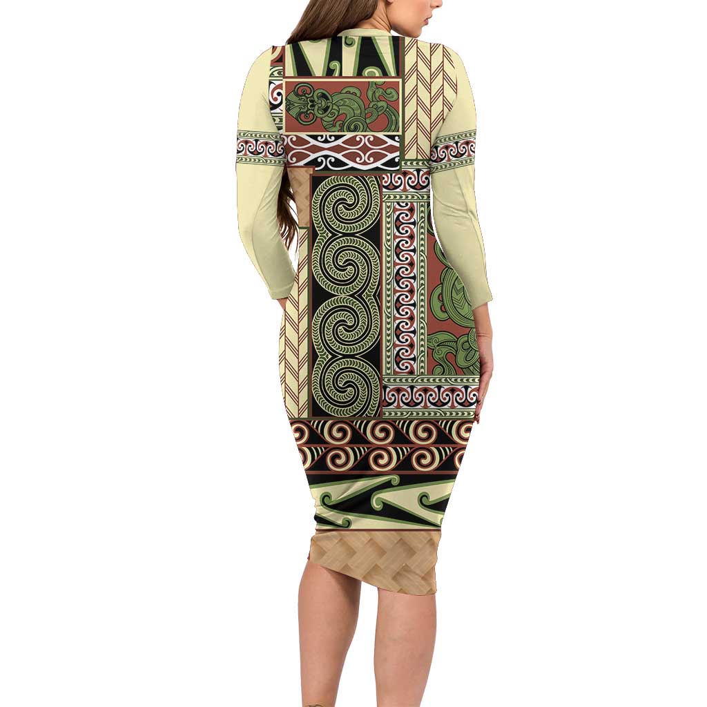 Beige Aotearoa Kowhaiwhai Pattern Long Sleeve Bodycon Dress NZ Maori Quilt Style LT14 - Polynesian Pride