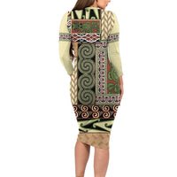 Beige Aotearoa Kowhaiwhai Pattern Long Sleeve Bodycon Dress NZ Maori Quilt Style LT14 - Polynesian Pride