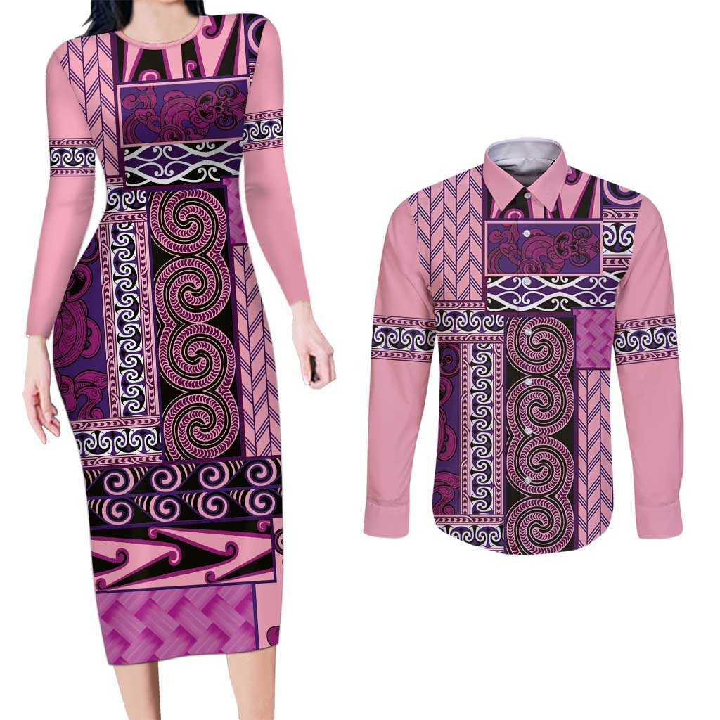 Pink Aotearoa Kowhaiwhai Pattern Couples Matching Long Sleeve Bodycon Dress and Long Sleeve Button Shirt NZ Maori Quilt Style LT14 Pink - Polynesian Pride