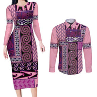 Pink Aotearoa Kowhaiwhai Pattern Couples Matching Long Sleeve Bodycon Dress and Long Sleeve Button Shirt NZ Maori Quilt Style LT14 Pink - Polynesian Pride