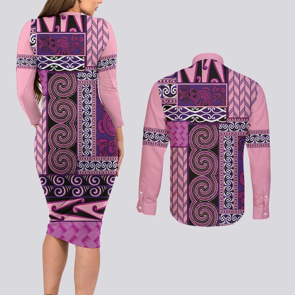 Pink Aotearoa Kowhaiwhai Pattern Couples Matching Long Sleeve Bodycon Dress and Long Sleeve Button Shirt NZ Maori Quilt Style LT14 - Polynesian Pride