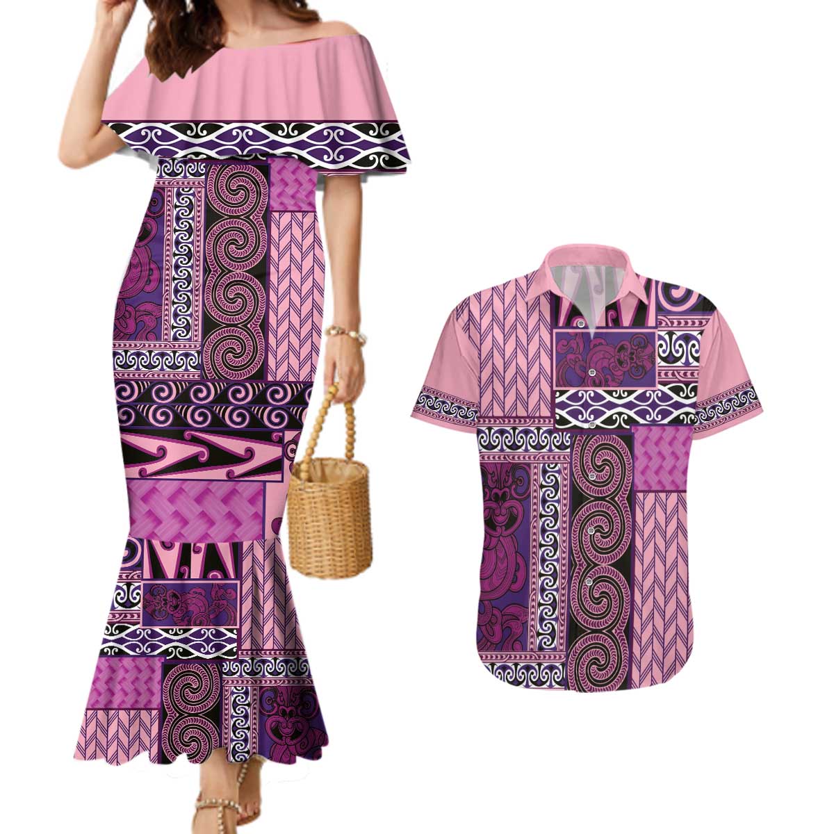 Pink Aotearoa Kowhaiwhai Pattern Couples Matching Mermaid Dress and Hawaiian Shirt NZ Maori Quilt Style LT14 Pink - Polynesian Pride