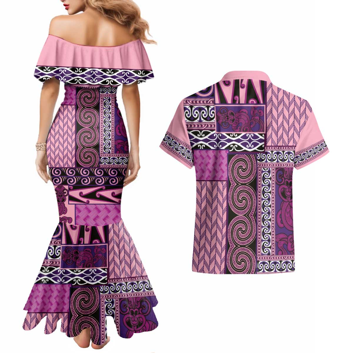Pink Aotearoa Kowhaiwhai Pattern Couples Matching Mermaid Dress and Hawaiian Shirt NZ Maori Quilt Style LT14 - Polynesian Pride