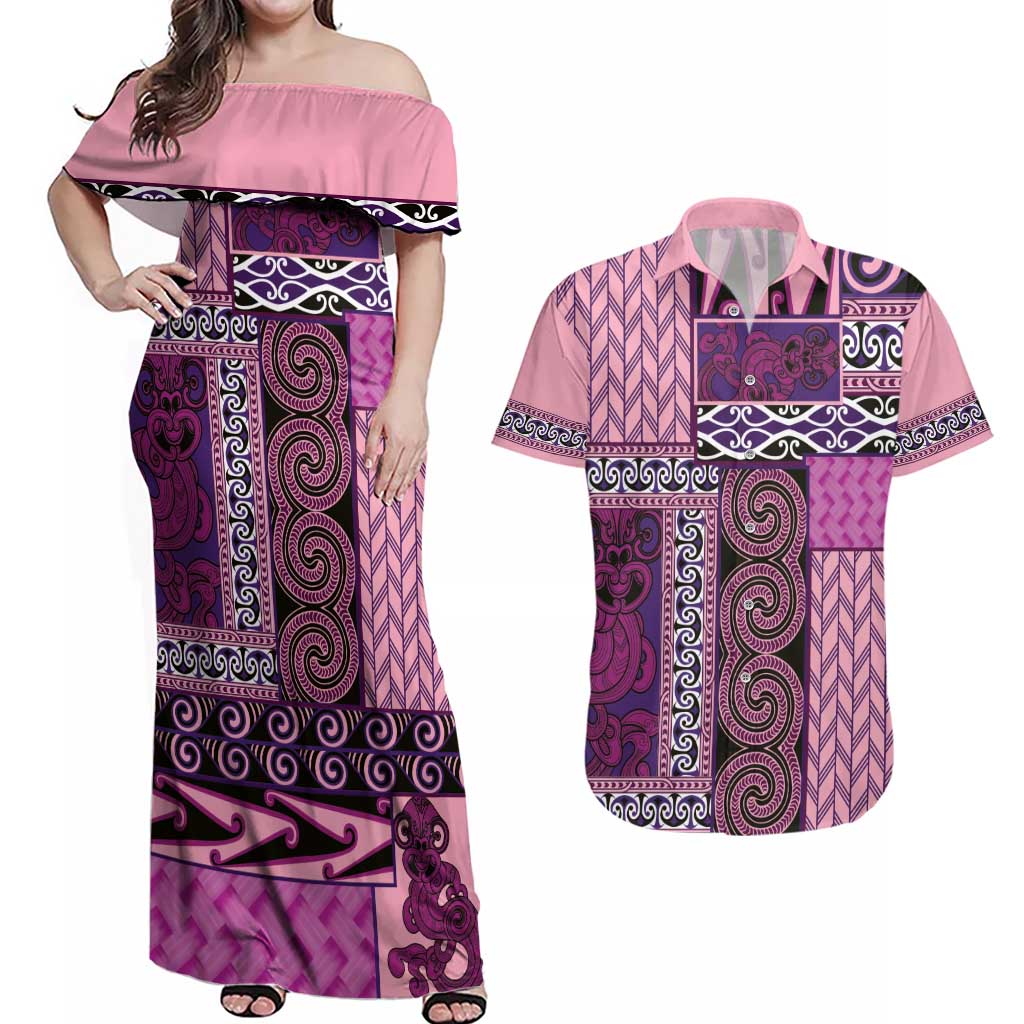 Pink Aotearoa Kowhaiwhai Pattern Couples Matching Off Shoulder Maxi Dress and Hawaiian Shirt NZ Maori Quilt Style LT14 Pink - Polynesian Pride